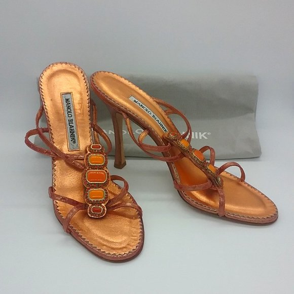 Manolo Blahnik Shoes - MANOLO BLAHNIK Metallic Snakeskin Jeweled Heels
